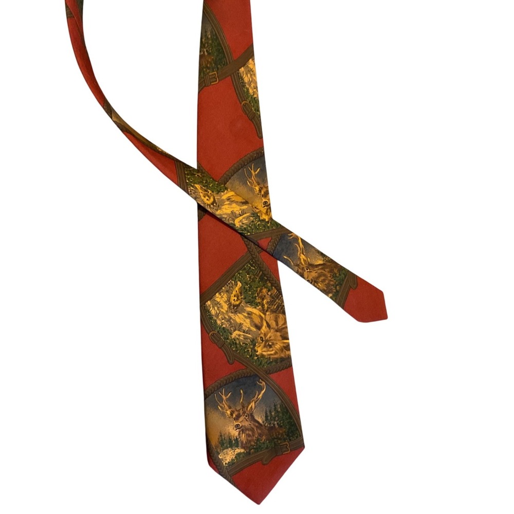 Vintage Polo Ralph Lauren Silk Tie Red Wildlife Deer Fox Hunting Equestrian